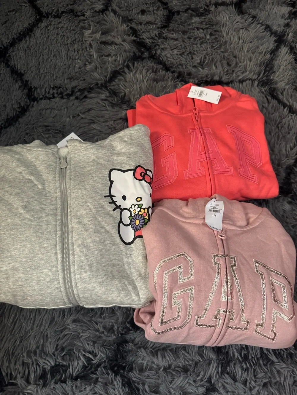 GAP Girls' sz L 10 Coral, pink & Hello kitty Gray Zip Hoodies - 3-Pack lot fall